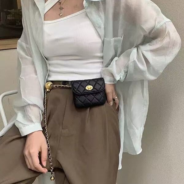 Carefully Selected Women's Waist Bag with Rhombus Pattern, Mini Women's Bag with Chain Accessories, New Style Chanel-Inspired Small Gold Ball Waist Chain Decorative Small Bag Carefully Selected Women's Waist Bag with Rhombus Pattern, Mini Women's Bag with Chain Accessories, New Style Chanel-Inspired Small Gold Ball Waist Chain Decorative Small Bag