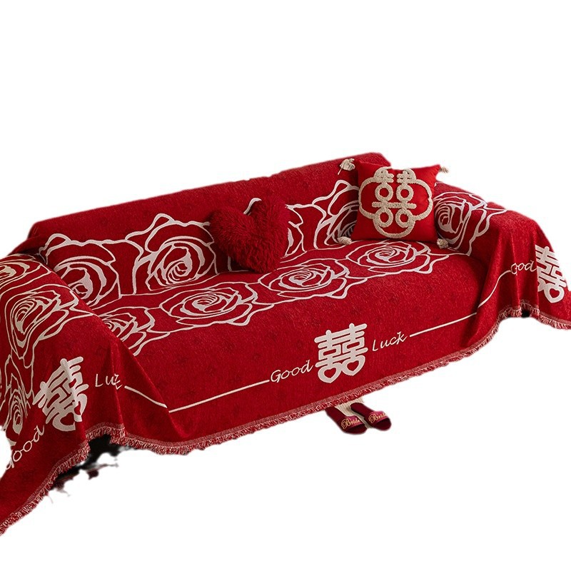 Una gran toalla de sofá rojo festivo, una decoración de la casa de bodas universal de cuatro estaciones, una manta de sofá de envoltura completa.