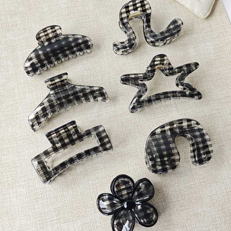 中古感蓝黑色系~百搭格纹亚克力抓夹女发抓后脑勺盘发夹子鲨鱼夹|undefined