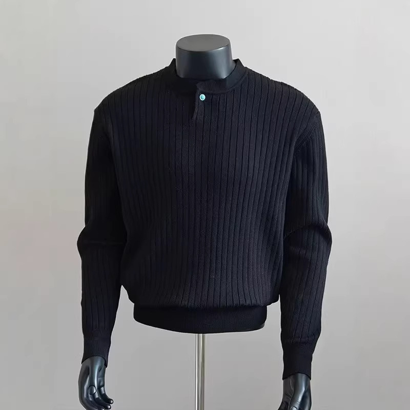 Black Henry Collar Sweater for Men, American Style Boxy Fit, Regular Shoulder, Long Sleeve Knitwear, Old Money Style, Vintage Base Layer Sweater