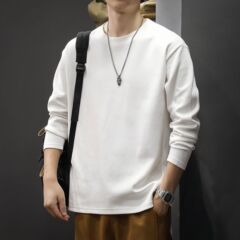 重磅精梳棉长袖T恤男圆领基础内搭打底衫纯色宽松百搭上衣潮批发