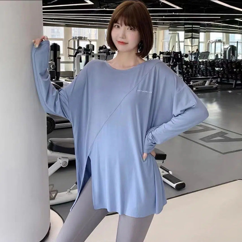 Fitness Wear Long-sleeved Yoga Top Split Sports Top Women's Loose Running Blouse Quick-drying T-shirt plus size chubby girl