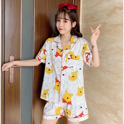 2025 lindo traje de pijama de lunares de oso de estilo ins para mujer cárdigan de cuello redondo de verano suelto y se puede usar en el hogar