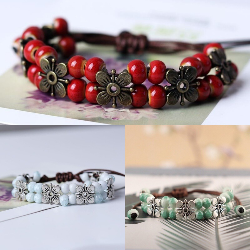 Four-leaf clover handmade bead chain bronze ethnic style girlfriends bracelet leaf jewelry wholesale stall supply