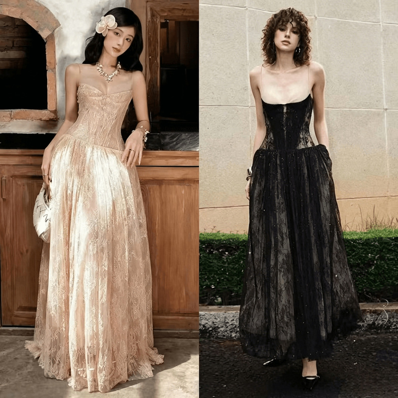 Vietnamese Niche Designer's Sophisticated Fairy-Style French Sexy Fishbone Waist-Cinching Lace Patchwork Sequin Gown Dress
