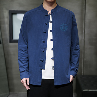 2024 autumn new Chinese style men's cotton and linen embroidery buckle Chinese Tang suit long sleeve shirt a generation of hair