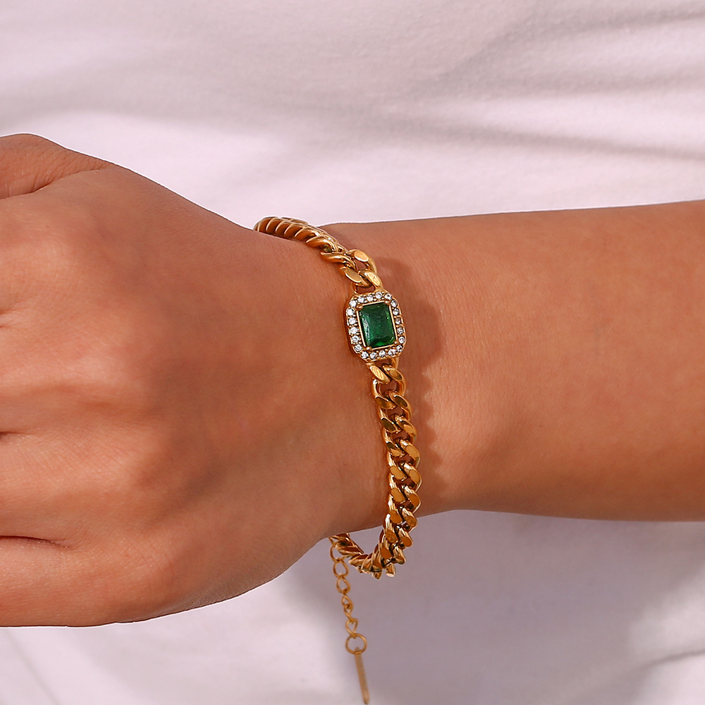 Green Zircon Inlaid Stainless Steel Bracelet