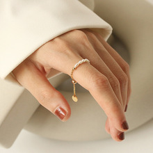 法式复古小米粒珍珠戒指高级感新款气质珍珠链条可调节食指戒指女