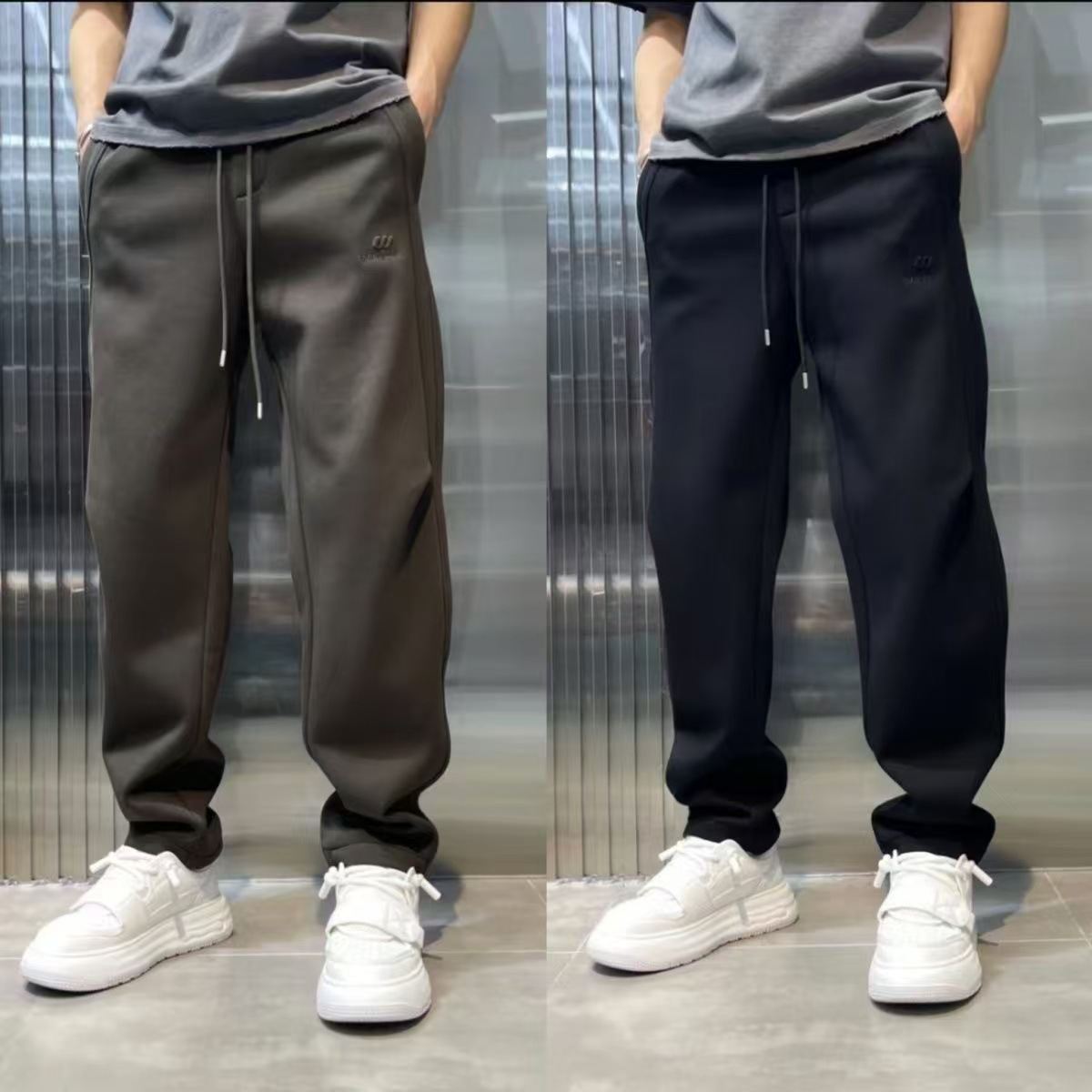 Men's Autumn/Winter Fleece Lined Loose Sweatpants Wide Leg Casual Long Pants Trendy Brand Letter Print mid Waist Sports Sweatpants_voghion.com