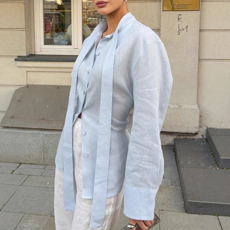 European and American Spring and Autumn Popular French Casual Lace-Up Woven Lightweight Top Cross-Border Independent Station Elegant Shirt for Women