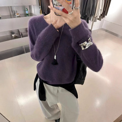 法式V领软糯山羊绒毛衣一秋季爆款95%羊毛绝美紫色针织衫女P5043