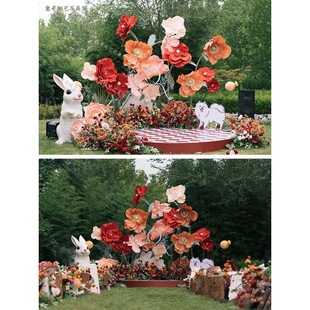 Complete Set of Outdoor Wedding Stage Dance Props with Real and Artificial Paper Art Flowers for Lawn Wedding Decoration
