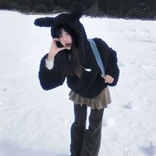 【品牌源头】2025秋冬新款美式纯欲兔耳毛绒连帽外套女冬季加厚上