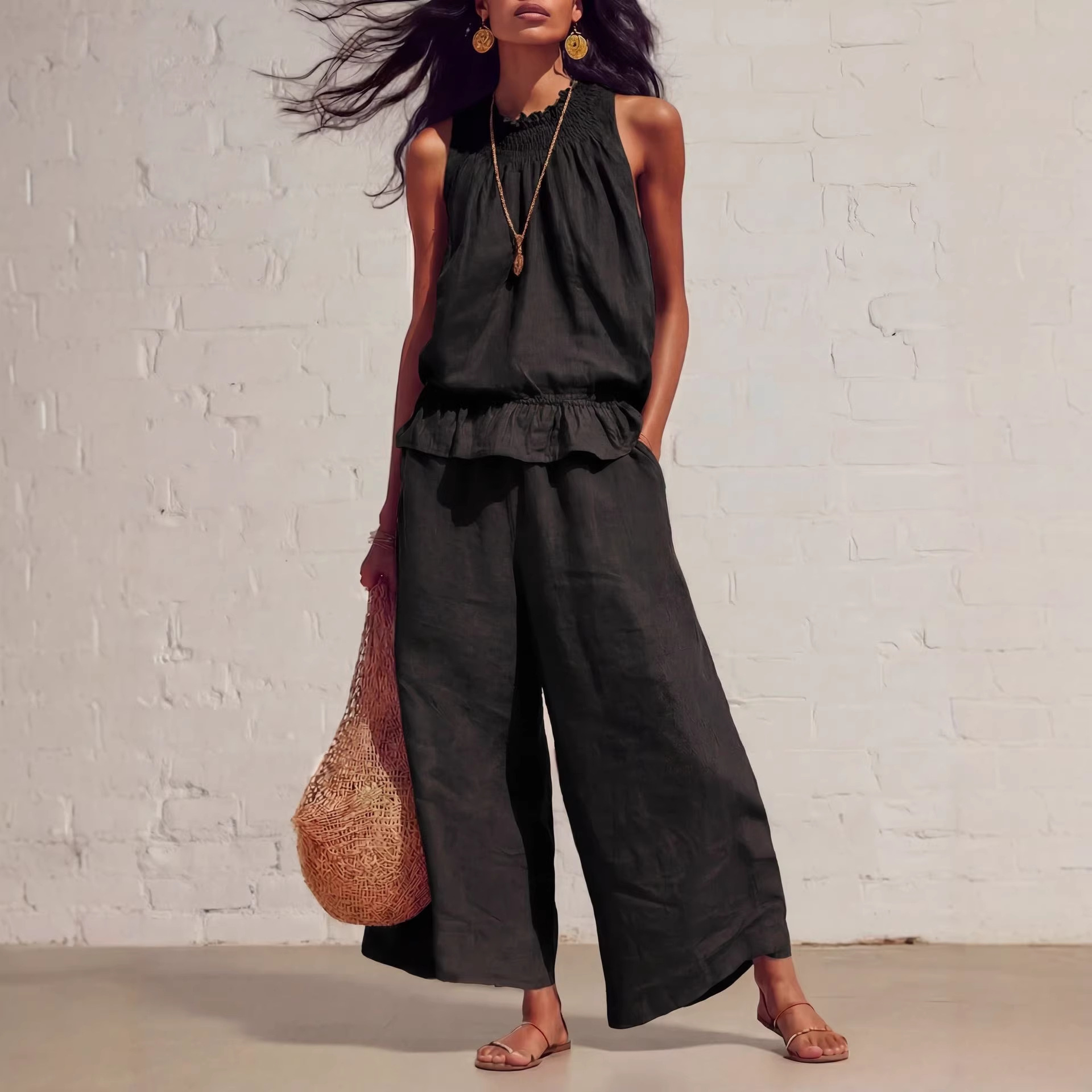 Women's Clothing American Style Women's Ruffled Cotton Linen Two Piece Set Retro Bohemian Spring Summer New Arrivals_ecoleips.com