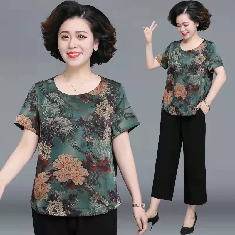 Silk summer clothing for mother, sleeves, summer set, with short sleeve, western style