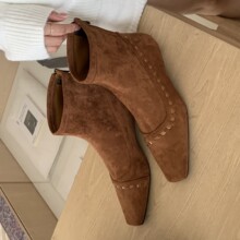 现货外贸新款欧美范圆头朋克短靴跨境外贸新款方头坡跟跨境独立站