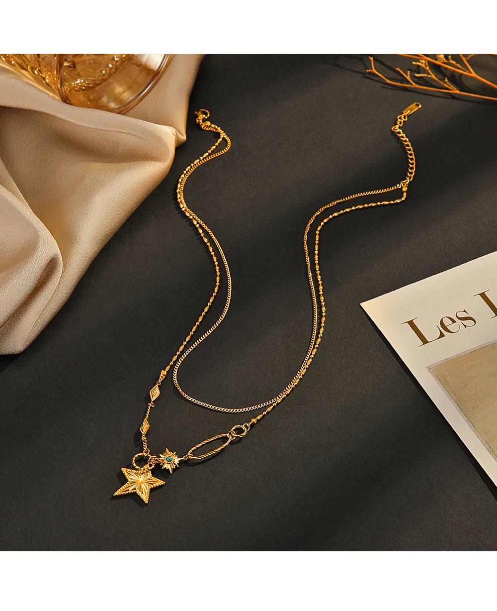 Retro Star Titanium Steel Inlay Artificial Gemstones Necklace