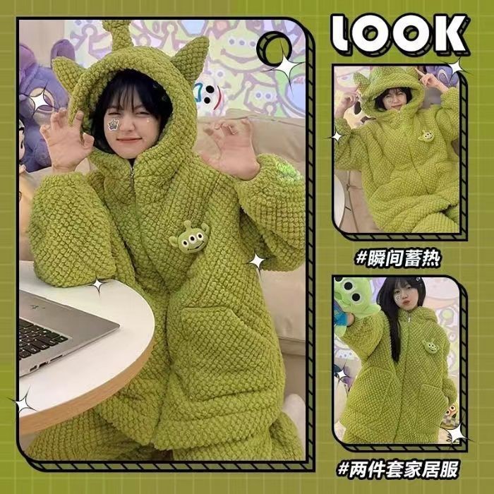 Transmisión en vivo de invierno transfronterizo cálido más pijamas engrosados de terciopelo mujeres lindo rebeca de solapa de ins servicio a domicilio de una pieza