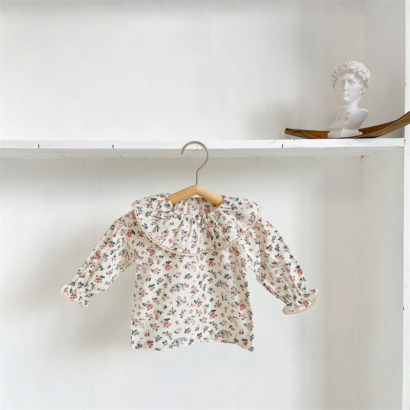 Primavera y otoño bebé niña pequeña camisa de solapa superior floral estilo japonés y coreano simple dulce manga larga Camiseta estilo occidental