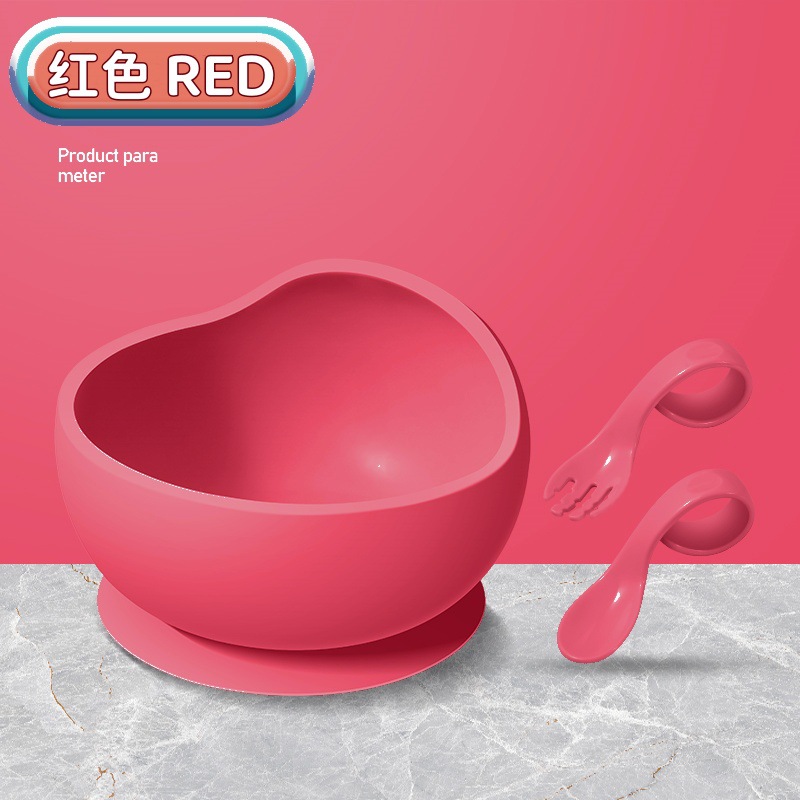 [애플 레드] 풀 실리콘 흡착컵 그릇 + 트레이닝 스푼과 포크