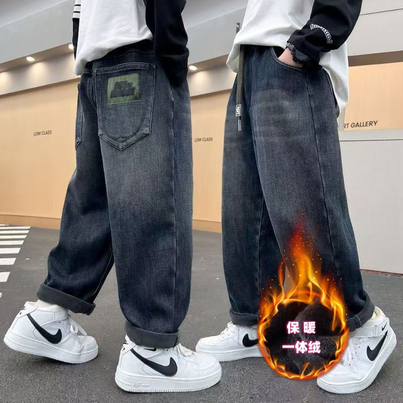 fleece demi-season warm jeans for boys