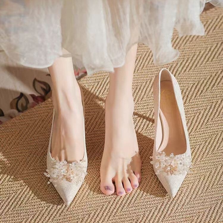 French-style champagne-colored shimmering waterproof platform high-heeled shoes for women, thick-soled, comfortable wedding shoes, pointed-toe stiletto pumps