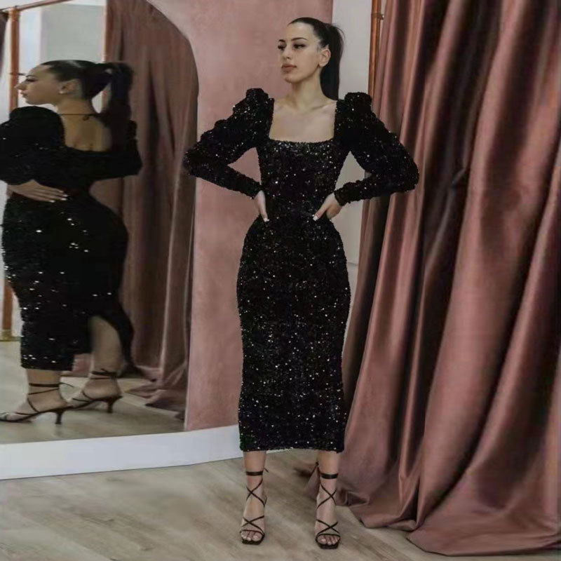 Europa y América Amazon AliExpress deseo vestido de noche de las mujeres elegante simple sexy Vestido de manga larga