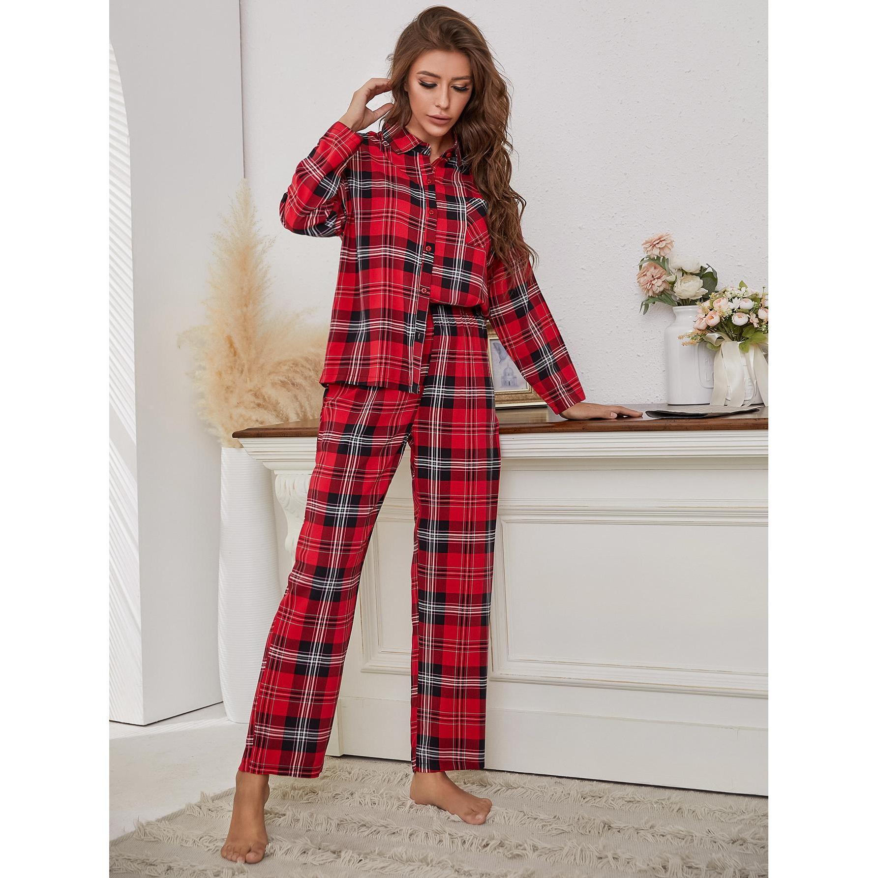 women red plaid long sleeved autumn and winter home clothes two piece set that can be worn outside foreign trade _voghion.com