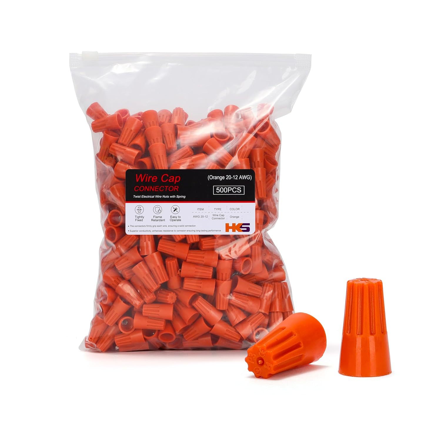 HKS 500 PCS 橙色线帽 - AWG 20-12,旋转螺丝螺母绝缘插入带弹簧