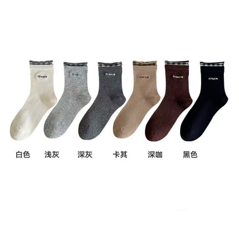 秋季袜子女卷边方格miu系学院风中筒袜外穿高颜值百搭潮流堆堆袜|undefined
