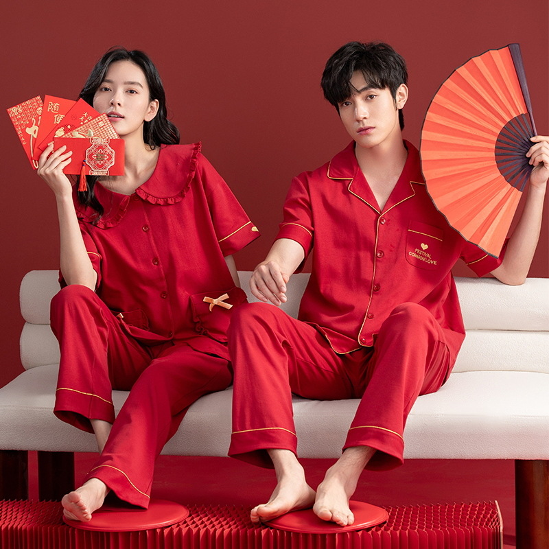 Pijamas Boda boda pareja traje rojo algodón hombres mujeres pantalones de manga corta pareja de media manga pijamas verano