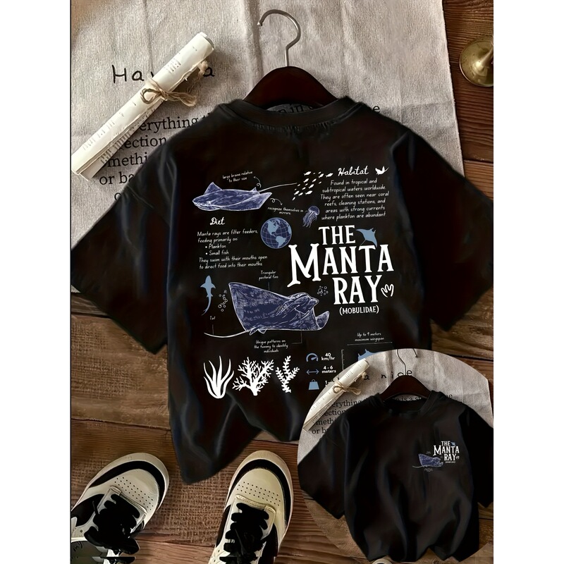 【European Size Cotton T-Shirt】Biological Prints of Creatures Growing in the Ocean, Spring and Summer Casual Women's Round Neck T-Shirt, Black, European and American Style 【European Size Cotton T-Shirt】Biological Prints of Creatures Growing in the Ocean, Spring and Summer Casual Women's Round Neck T-Shirt, Black, European and American Style
