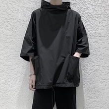 夏季带帽短袖t恤男宽松七分袖卫衣潮流风衣型套头衫中袖衣服夏装