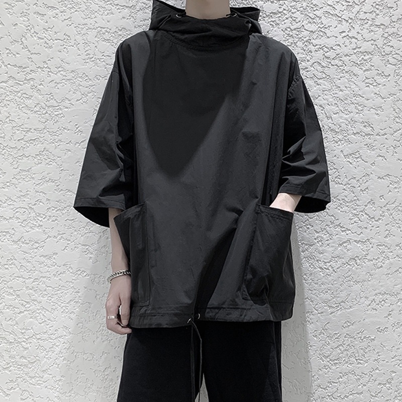 夏季带帽短袖t恤男宽松七分袖卫衣潮流风衣型套头衫中袖衣服夏装