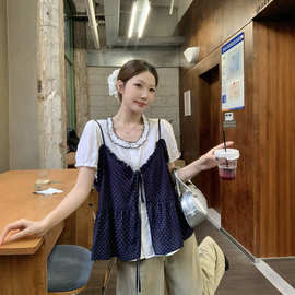 2026夏装新款胖mm大码女木耳边短袖小衫波点吊带叠穿两件套
