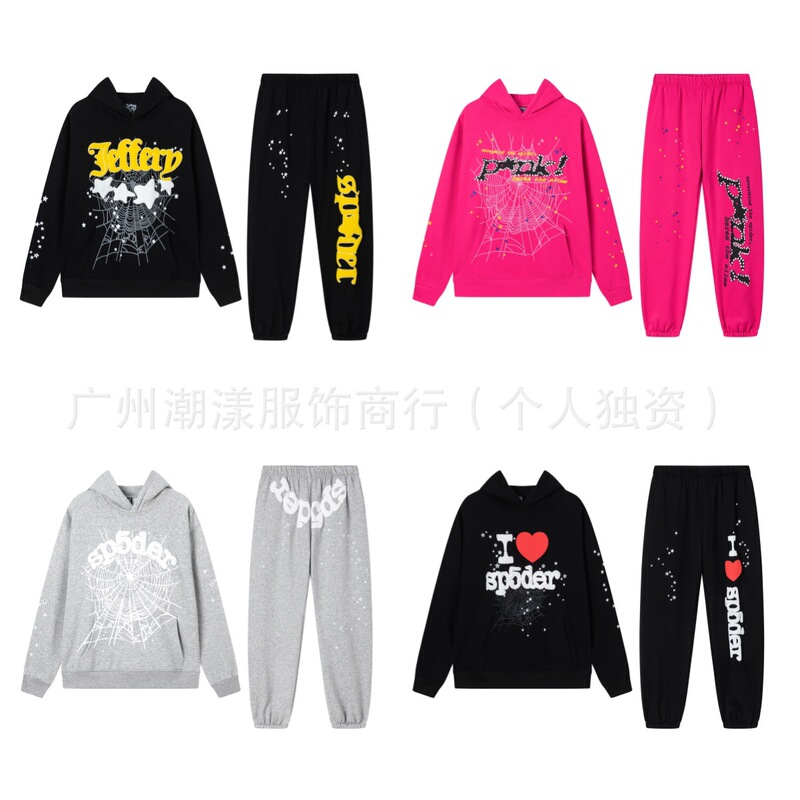Men's Sp5Der 555555 Spider Web Foam Print Trendy Heavyweight Fleece Hoodie Set Winter Sports