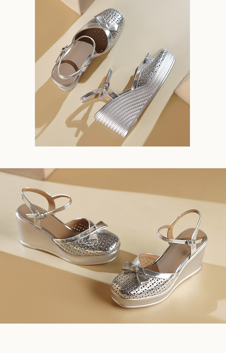 Sandal cao gót nữ mũi nhọn đế xuồng quai chéo da thật — màu vàng, bạc chi tiết 6