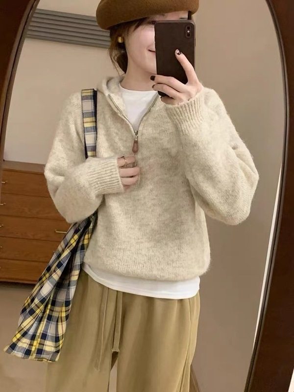 半拉链连帽宽松百搭毛衣套头女宽松秋冬厚款内搭软糯针织卫衣帽衫|undefined