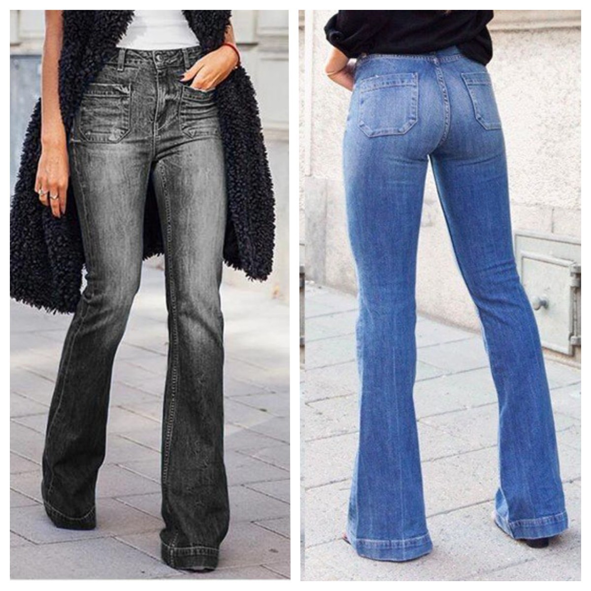 Jeans, Women's Fashion Trends, Slim Fitting Patch Pockets, Slimming High Waisted Flared Pants, Long Pants for Women_voghion.com