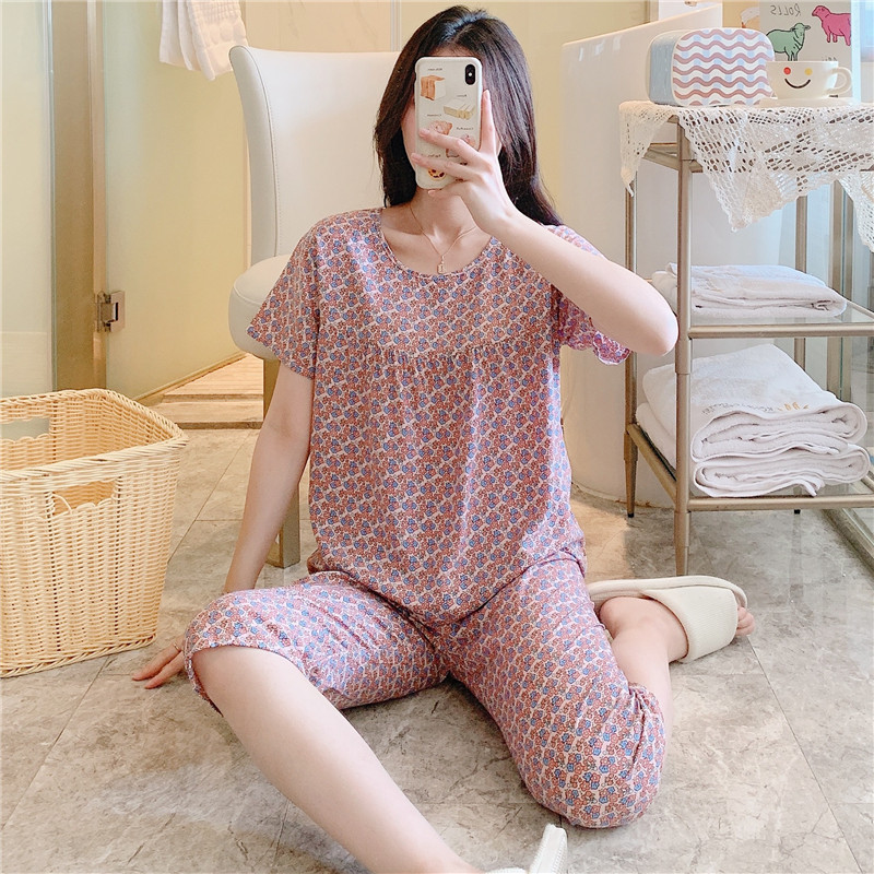 新しい綿シルクパジャマ女性のための夏の薄いツーピース半袖人工綿シルクかわいいルーズ大きいサイズホーム服|undefined