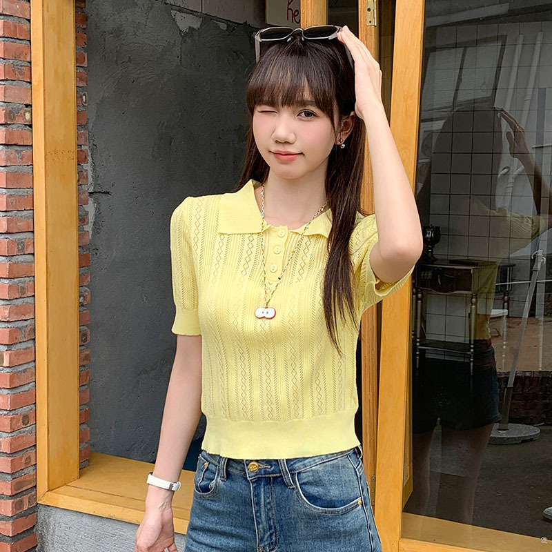 REAL SHOT # ラペル薄型中空半袖セーター女性の夏のデザイン 2025 新しいユニークな半袖|undefined