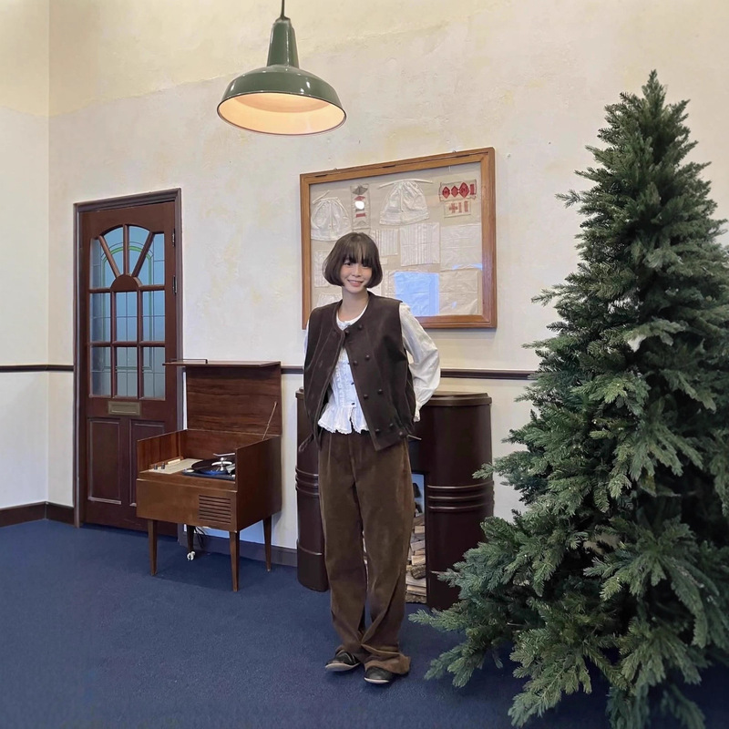 Korean Designer Viapl*N Brown Casual Pants Korean Style Women's Plaid Shirt + Vest + Long Pants Set