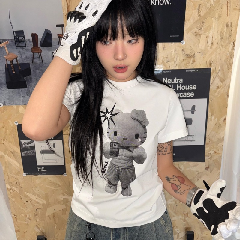 local aliens外星沙龙美式复古正肩短袖T恤卡通印花显瘦百搭半袖|undefined
