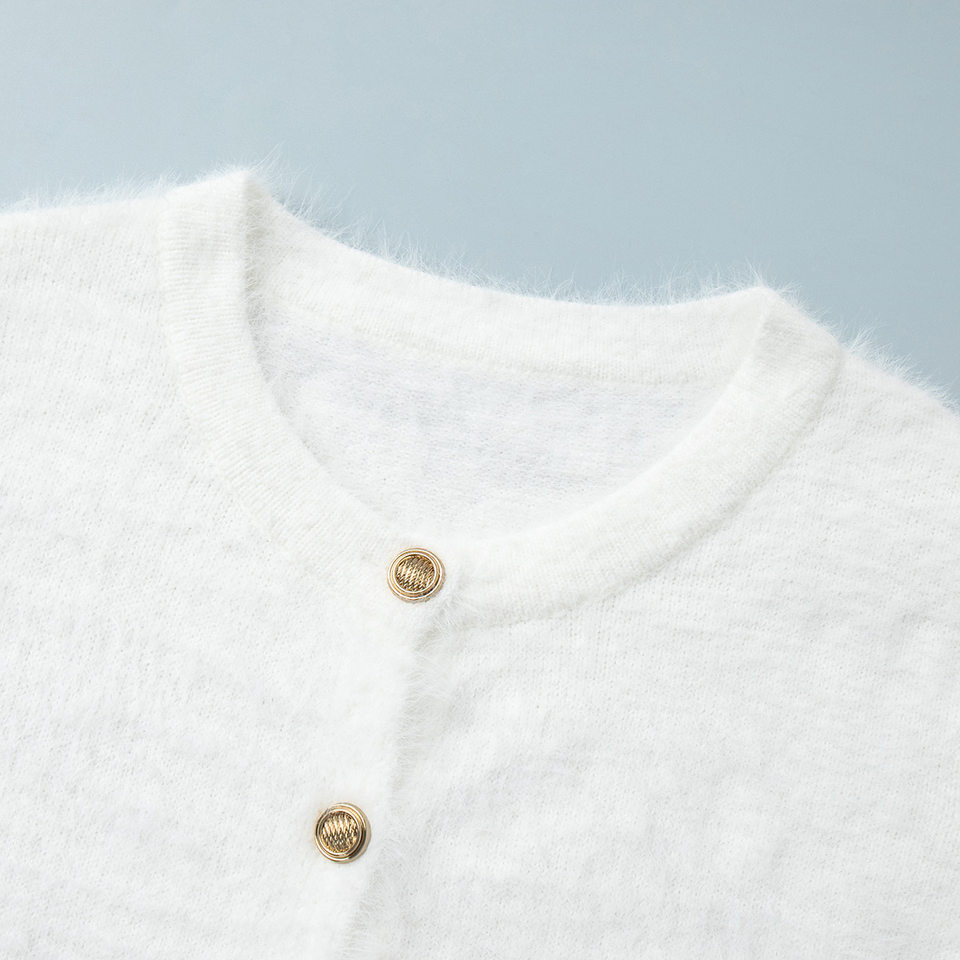 Bộ đầm nữ dài tay kèm áo cardigan cài một hàng nút, chân váy dài vừa — Màu be (mới), Màu trắng chi tiết 16