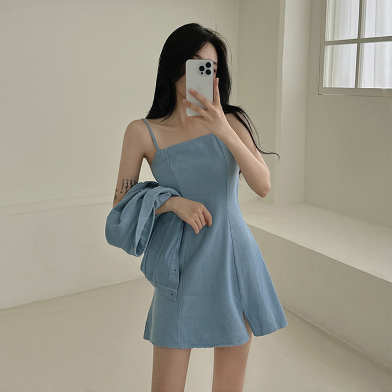 Korean Chic Summer Niche Slimming Look Suspender Dress + Loose Short Jacket Two-Piece Set for Women