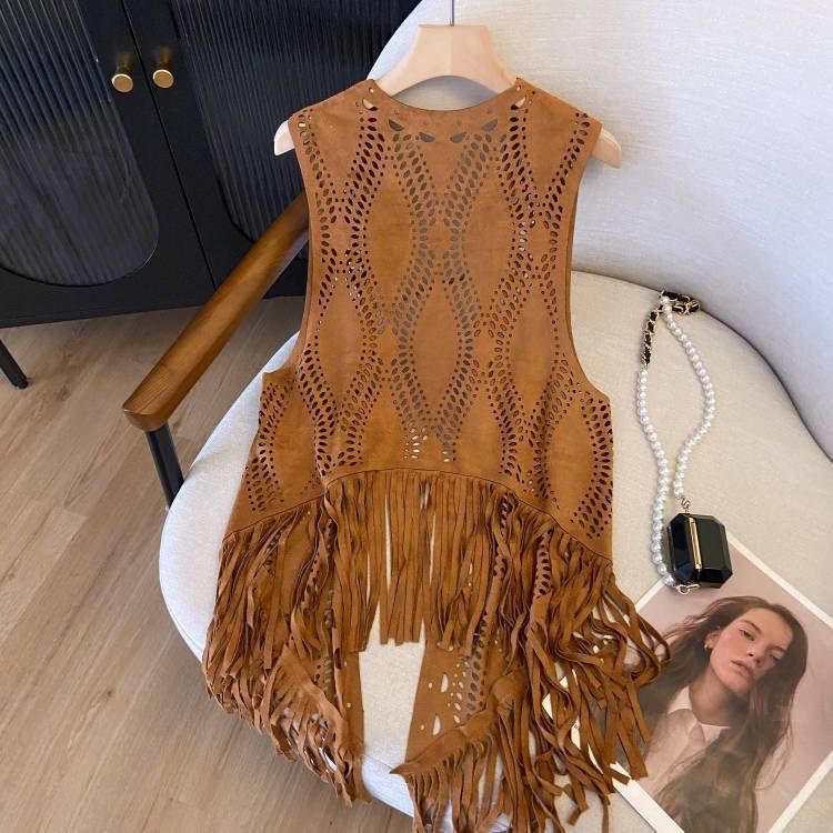 Cross-Border Foreign Trade Summer New Suede Tassel Vest Women's Thin Retro Fashion Waistcoat Travel Outer Tassel 2