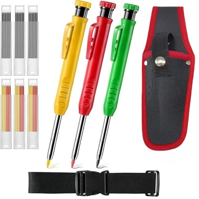 3支机械木工铅笔，配有削笔器和工具袋，重型建筑铅笔