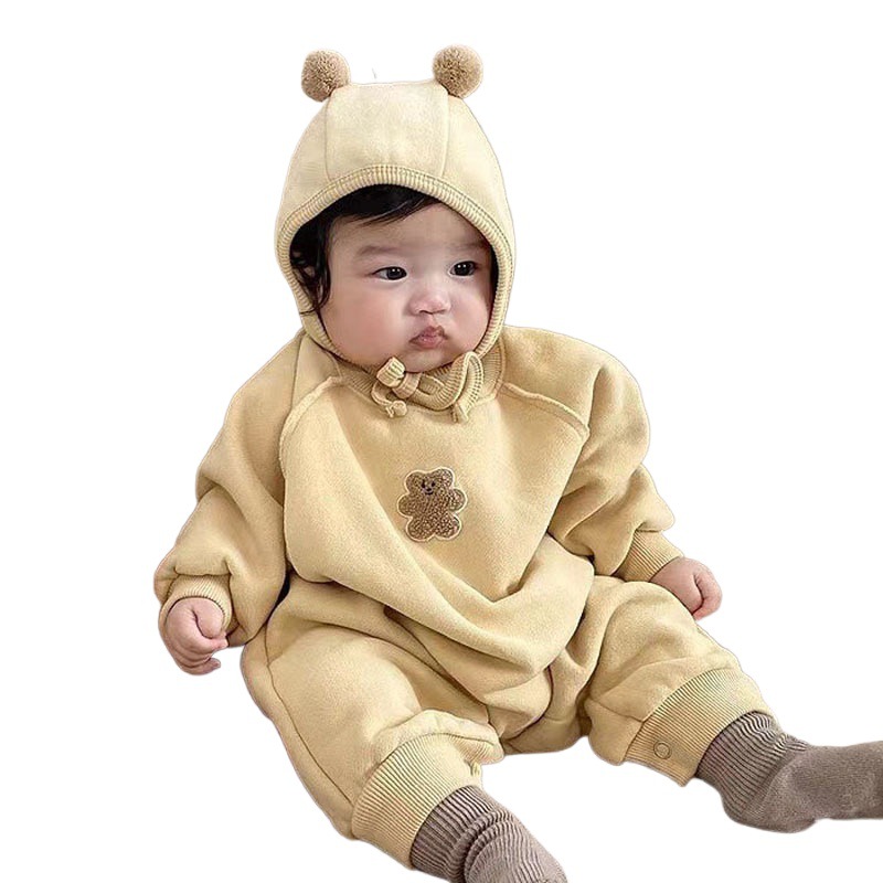 Estilo coreano otoño e invierno Bebé de dibujos animados de lana forrada mono niños y niñas bebé lindo oso casual mameluco + sombrero largo escalada