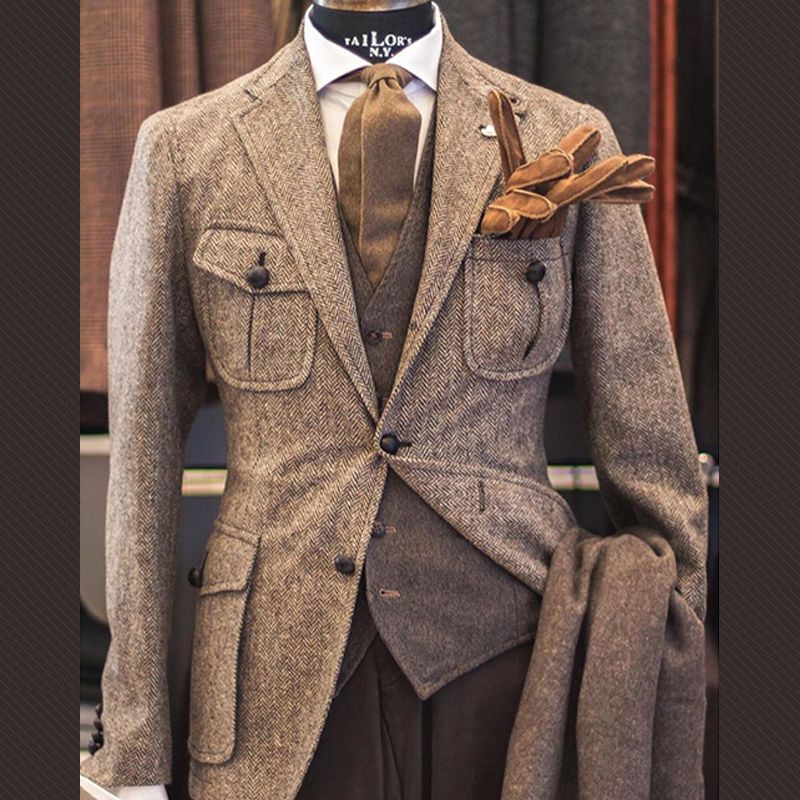 Thickened Herringbone Wool Suit Suit Tweed Tweed Hunting Suit Three-Piece British Retro Men's Suit