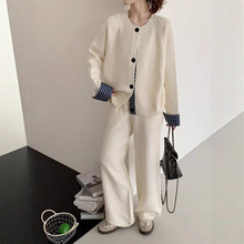 韩系气质衬衫拼接假两件毛衣阔腿裤套装女秋冬季宽松圆领针织开衫